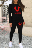 Black And White Casual Letters Patchwork O Neck Long Sleeve Two Pieces