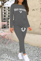 Gray White Casual Letters Patchwork O Neck Long Sleeve Two Pieces