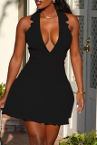 White Sexy Casual Solid Color Buttons Backless Halter Sleeveless Dresses