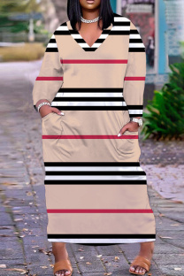 Khaki Casual Striped Print Pocket V Neck Long Plus Size Dresses