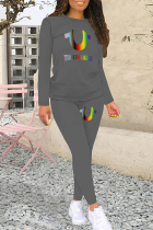 Colour Casual Letters Patchwork O Neck Long Sleeve Two Pieces