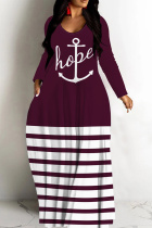Fuchsia Casual Striped Print Basic V Neck Long Dresses