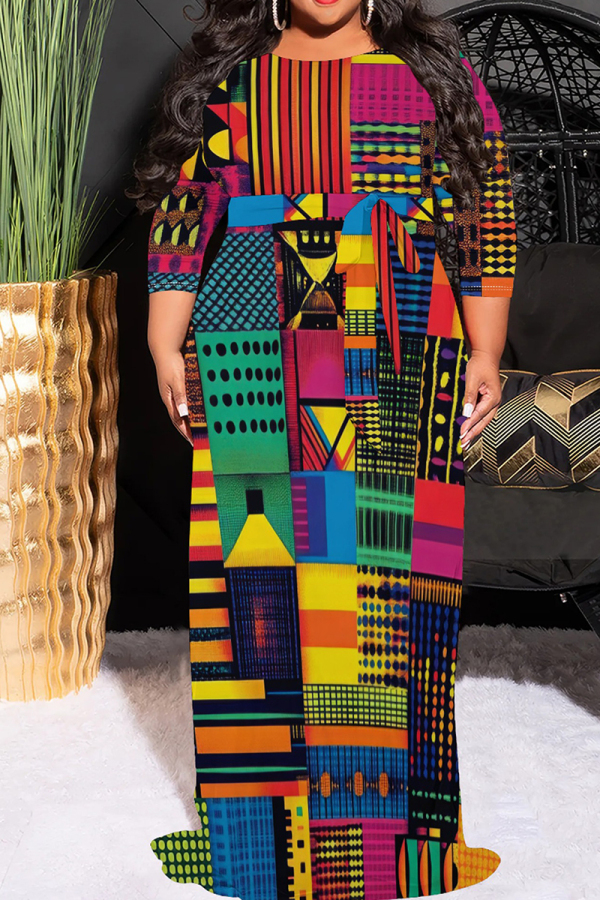 Green Yellow Casual Print Patchwork O Neck Long Plus Size Dresses