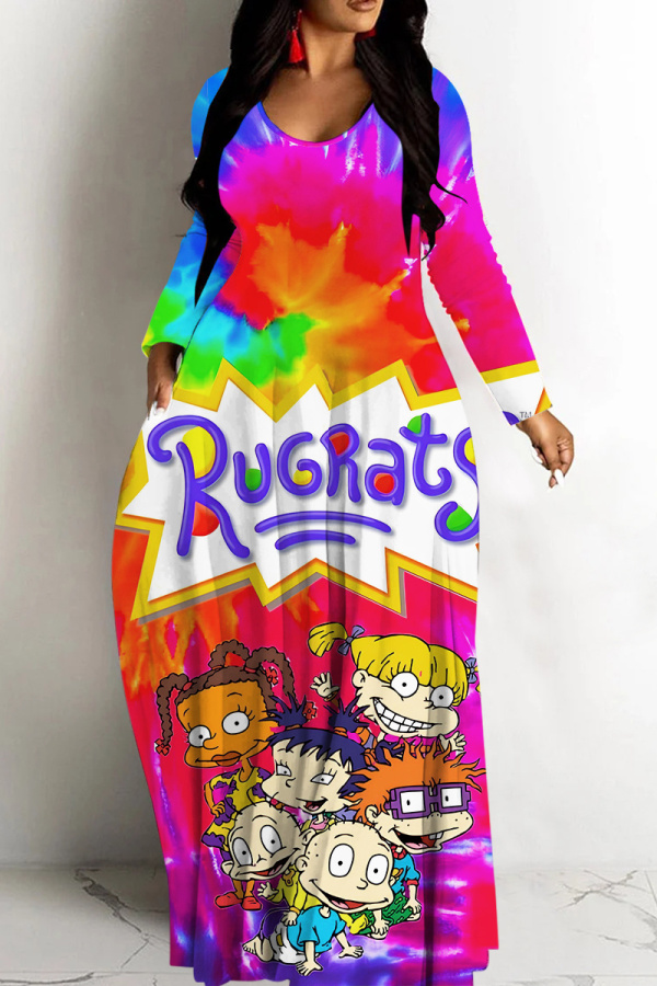 Rose Red Casual Cartoon Print Basic V Neck Long Dresses