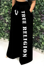 Black Casual Street Letter Print Pocket Loose High Waist Wide Leg Positioning Print Bottoms