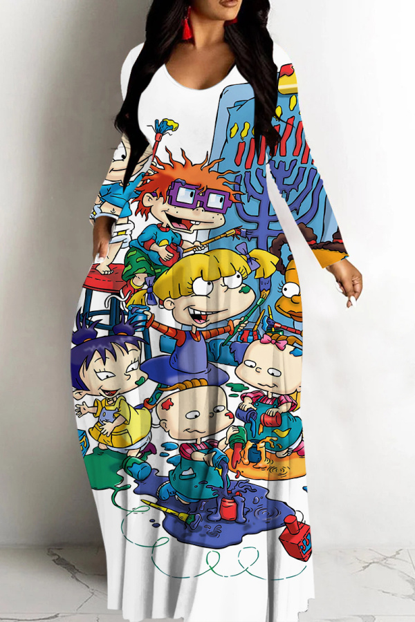 White Blue Casual Cartoon Print Basic V Neck Long Dresses