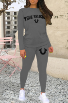 Grey Black Casual Letters Patchwork O Neck Long Sleeve Two Pieces