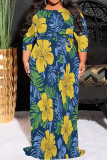 Turquoise Casual Print Patchwork Strap Design O Neck Long Plus Size Dresses
