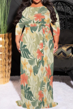 Turquoise Casual Print Patchwork Strap Design O Neck Long Plus Size Dresses