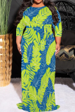 Turquoise Casual Print Patchwork Strap Design O Neck Long Plus Size Dresses