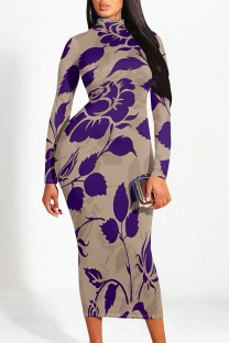 Purple Casual Street Floral Print Contrast Half A Turtleneck Printed Dresses