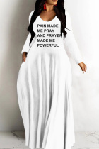 White Casual Letter Print Basic V Neck Long Dresses