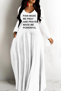 White Casual Letter Print Basic V Neck Long Dresses