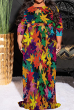 Turquoise Casual Print Patchwork Strap Design O Neck Long Plus Size Dresses