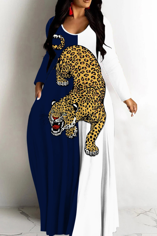 Blue White Casual Print Basic V Neck Long Dresses