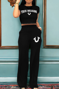 Black And White Casual Letters Pocket Patchwork O Neck Short Sleeve Two Pieces