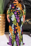 Turquoise Casual Print Patchwork Strap Design O Neck Long Plus Size Dresses