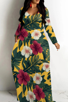 Yellow Casual Print Patchwork U Neck Long Dresses