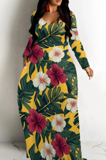 Yellow Casual Print Patchwork U Neck Long Dresses
