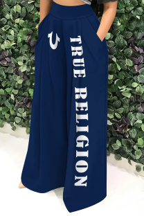 Tibetan Blue Casual Street Letter Print Pocket Loose High Waist Wide Leg Positioning Print Bottoms