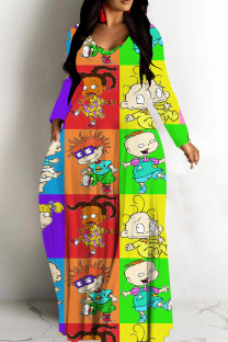 Green Yellow Casual Cartoon Print Basic V Neck Long Dresses
