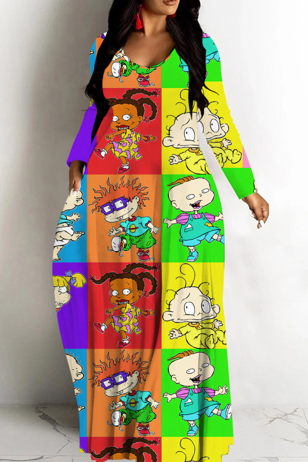 Green Yellow Casual Cartoon Print Basic V Neck Long Dresses