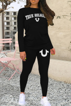 Black And White Casual Letters Patchwork O Neck Long Sleeve Two Pieces