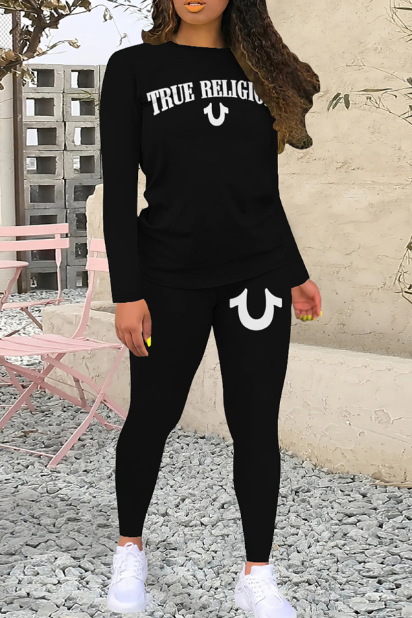 Black And White Casual Letters Patchwork O Neck Long Sleeve Two Pieces
