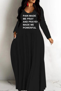 Black Casual Letter Print Basic V Neck Long Dresses