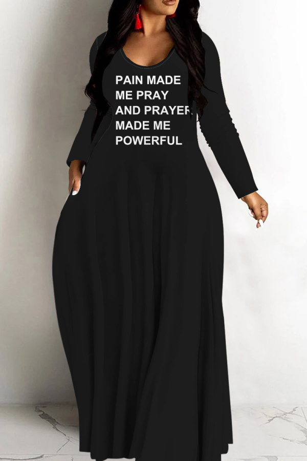 Black Casual Letter Print Basic V Neck Long Dresses