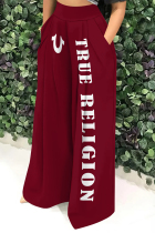 Deep Red Casual Street Letter Print Pocket Loose High Waist Wide Leg Positioning Print Bottoms