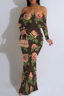 Dark Brown Sexy Floral Print Contrast Off Shoulder One Step Skirt Dresses