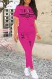 Rose Red Casual Street Letter Print Contrast O Neck Short Sleeve Two Pieces