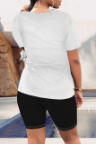 White Casual Letter Print Contrast O Neck Short Sleeve Two Pieces