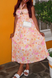 Pink Elegant Print Hollow Out Patchwork Backless Halter Long Dresses