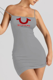 Rose Red Sexy Letter Print U Neck Sling Dresses