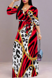 Red Elegant Geometric Print Lace Up Contrast V Neck Printed Dresses