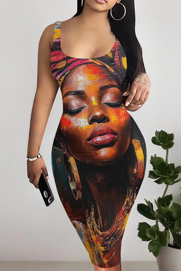 Brown Casual Print Patchwork U Neck Wrapped Skirt Dresses