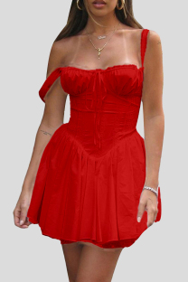 Red Elegant Solid Color Patchwork Backless Spaghetti Strap Sling Dresses
