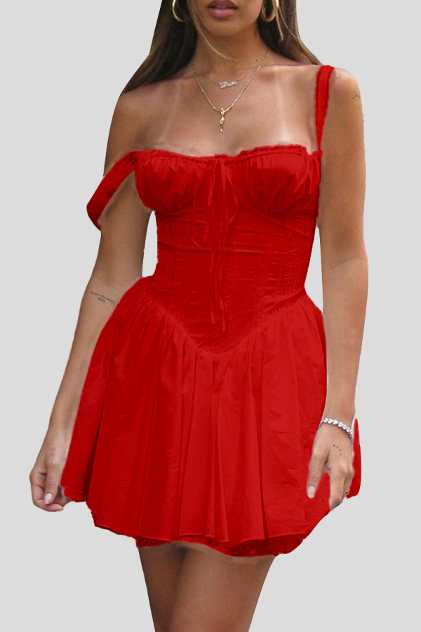 Red Elegant Solid Color Patchwork Backless Spaghetti Strap Sling Dresses