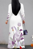 Purple Elegant Floral Print Lace Up Contrast V Neck Printed Dresses