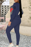 Rose Red Casual Letter Print Contrast O Neck Long Sleeve Two Pieces