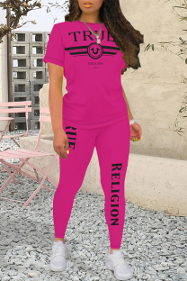 Rose Red Casual Street Letter Print Contrast O Neck Short Sleeve Two Pieces