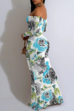White Blue Sexy Floral Print Contrast Off Shoulder One Step Skirt Dresses