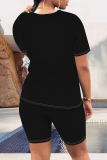 White Casual Letter Print Contrast O Neck Short Sleeve Two Pieces