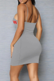 Grey Sexy Letter Print Contrast U Neck Sling Dresses