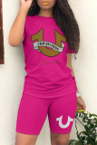 White Casual Letter Print Contrast O Neck Short Sleeve Two Pieces