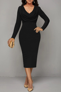 Black Elegant Solid Color Ruched V Neck One Step Skirt Dresses