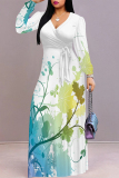 Purple Elegant Floral Print Lace Up Contrast V Neck Printed Dresses
