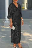 Champagne Elegant Solid Color Sequins Patchwork Slit V Neck Long Dresses